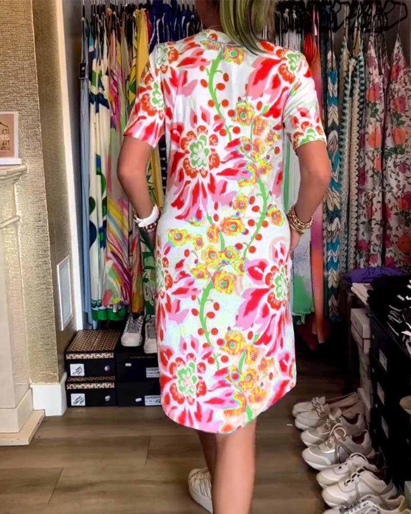 Agnes - Kleid mit kurzen Ärmeln, Blumendruck und V-Ausschnitt
