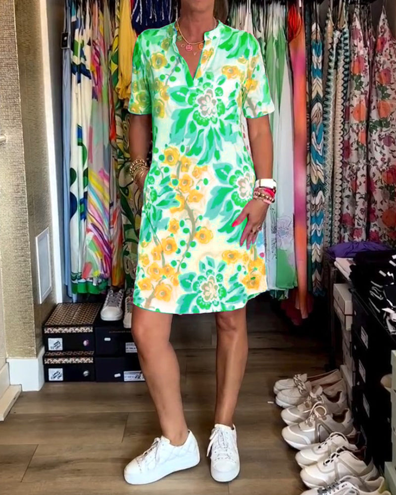 Agnes - Kleid mit kurzen Ärmeln, Blumendruck und V-Ausschnitt