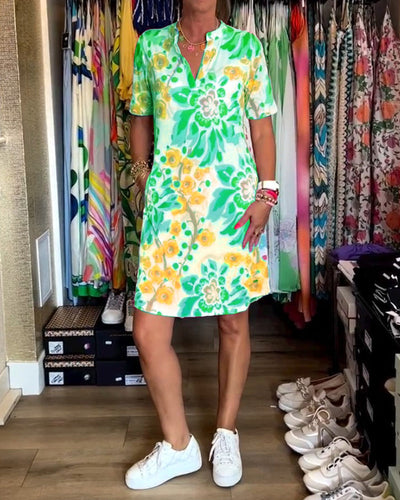 Agnes - Kleid mit kurzen Ärmeln, Blumendruck und V-Ausschnitt
