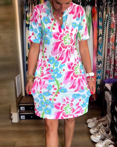 Agnes - Kleid mit kurzen Ärmeln, Blumendruck und V-Ausschnitt