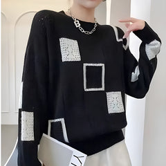 Greta | Geometrischer Strick Pullover in Schwarz