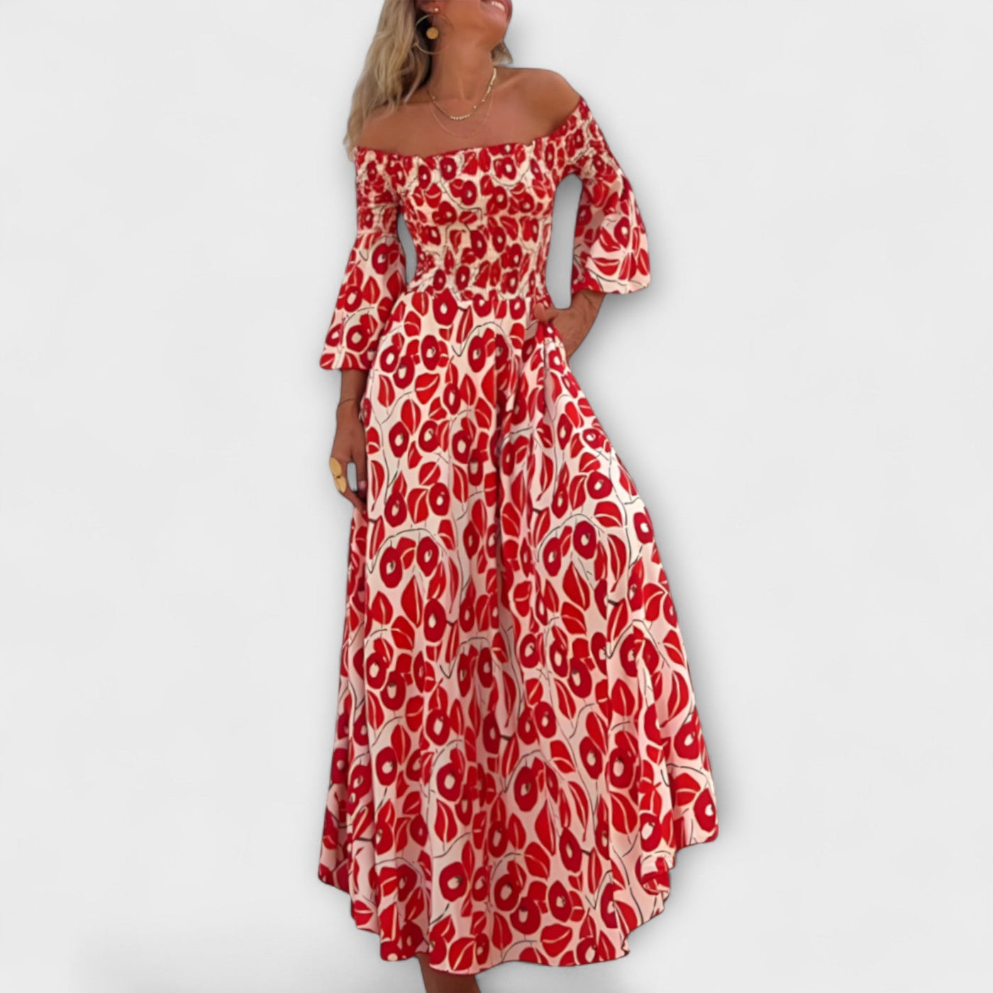 Bella - Off-Shoulder Kleid mit Blumenmuster in Ozeanfarben