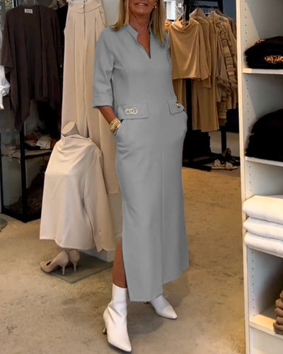 Anke - Einfarbiges Schlitzkleid mit 3/4-Ärmeln