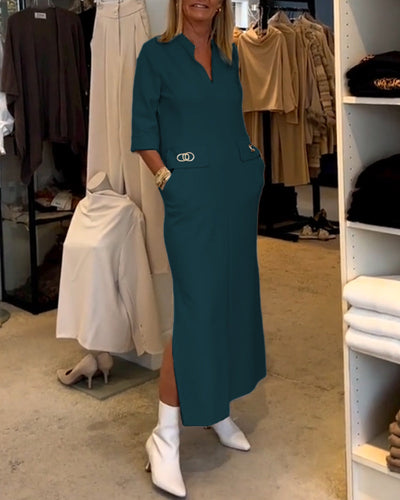 Anke - Einfarbiges Schlitzkleid mit 3/4-Ärmeln