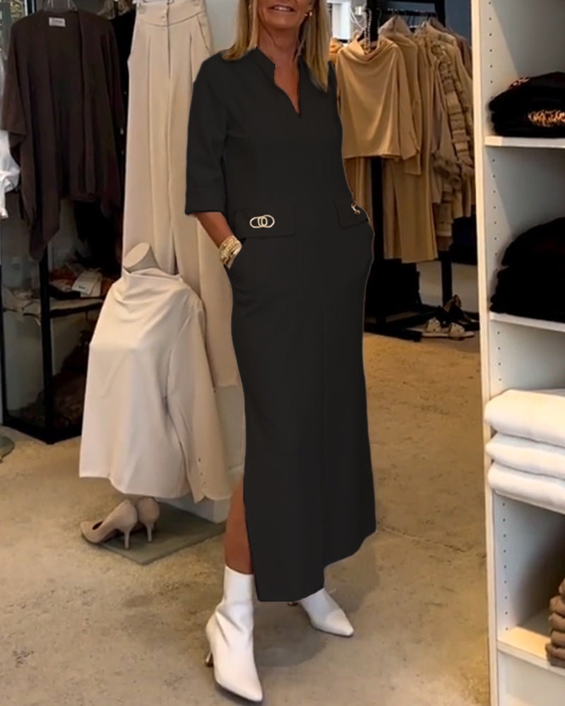 Anke - Einfarbiges Schlitzkleid mit 3/4-Ärmeln