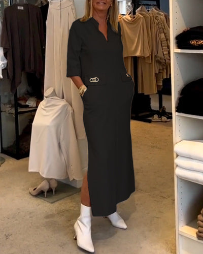 Anke - Einfarbiges Schlitzkleid mit 3/4-Ärmeln