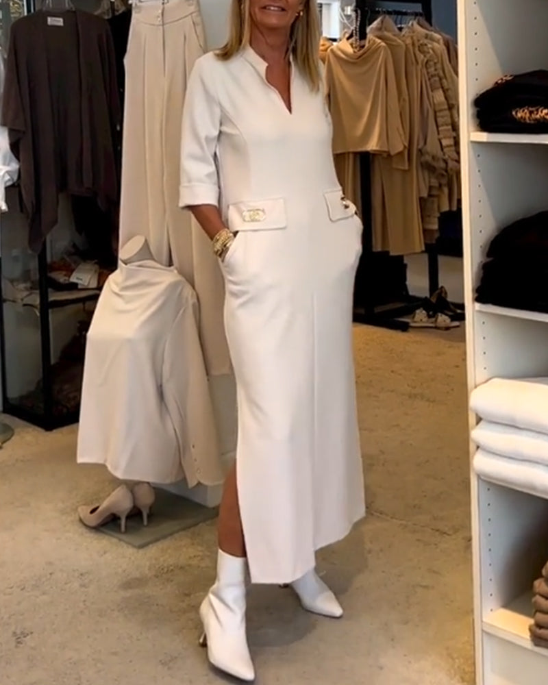 Anke - Einfarbiges Schlitzkleid mit 3/4-Ärmeln