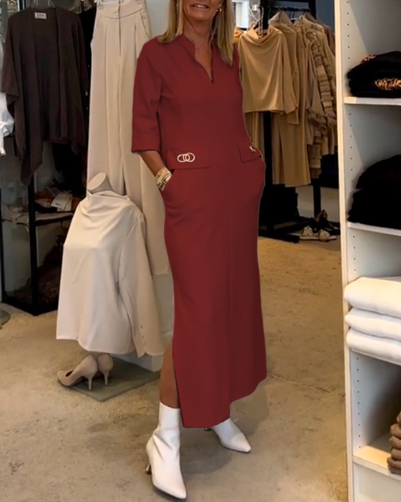 Anke - Einfarbiges Schlitzkleid mit 3/4-Ärmeln