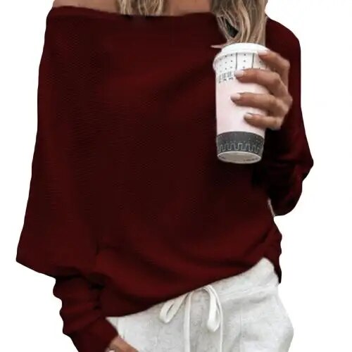 Schulterfreier Pullover Langer Pullover mit Fledermausärmeln