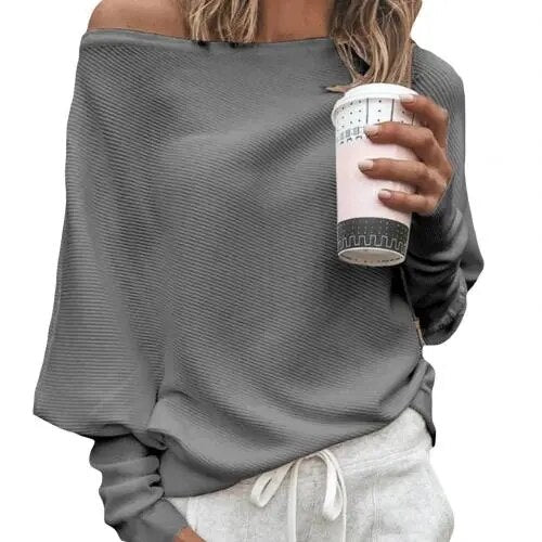 Schulterfreier Pullover Langer Pullover mit Fledermausärmeln