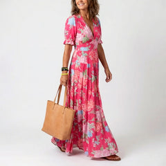 Nancy | Damen Geblümtes langes Sommerkleid in Rosa