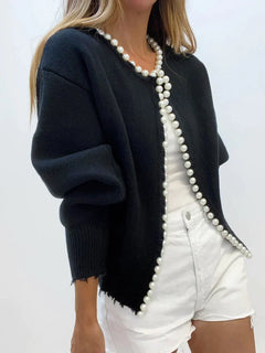 Strickjacke mit Perlenbesatz und geripptem Saum-PEARL in Schwarz