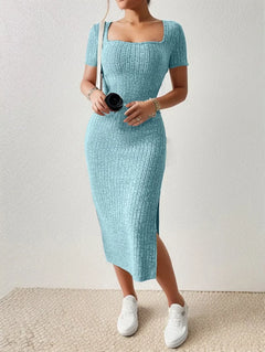Stefanie® | Strickkleid mit Quadrat-Ausschnitt in Blau