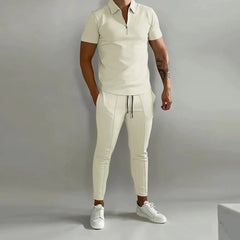 Zip-Poloshirt und Kordelzughose Trainingsanzug für Herren in Beige