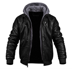 Warme Lederjacke mit Kapuze für Herren in Schwarz