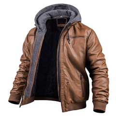 Warme Lederjacke mit Kapuze für Herren in Braun