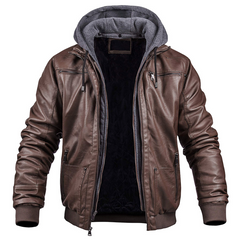 Warme Lederjacke mit Kapuze für Herren in Dunkelbraun