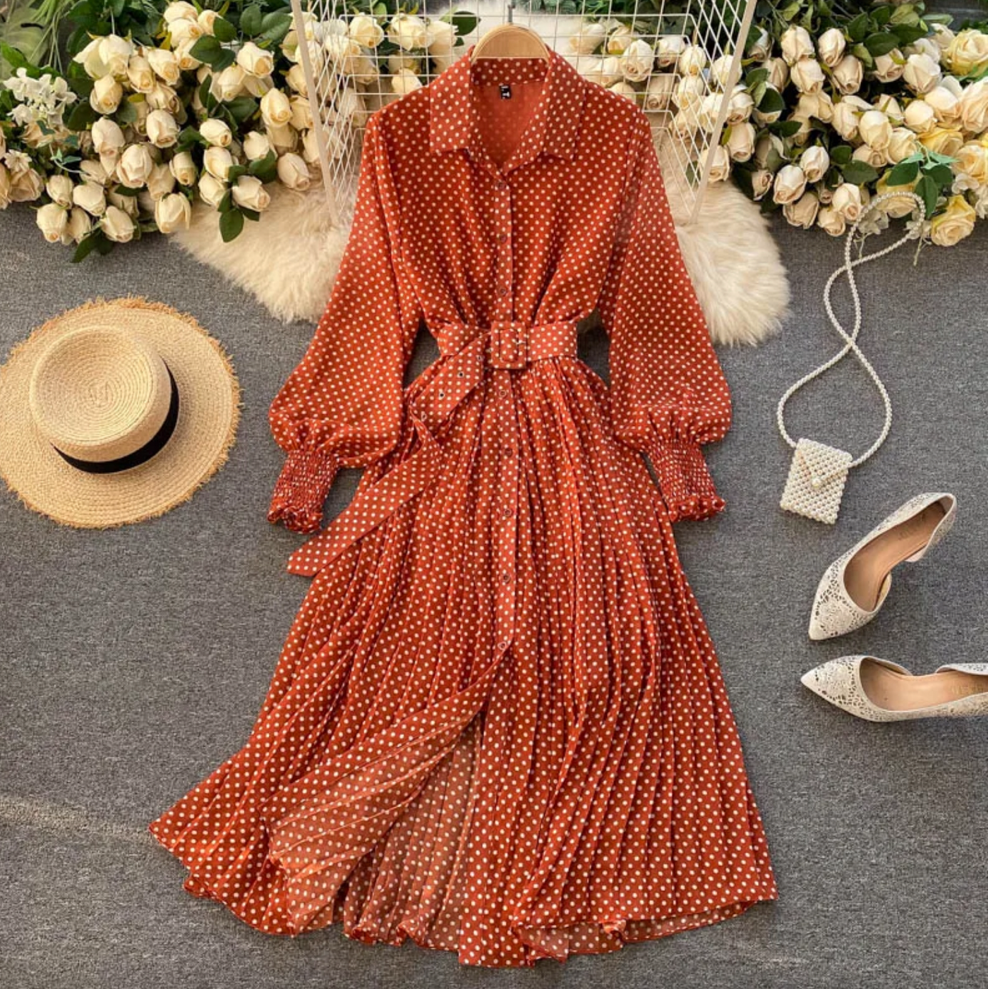 Puffärmeln Maxikleid mit Polka-Dots und Gürtel für Damen