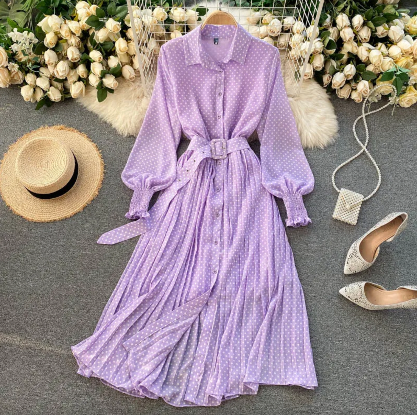 Puffärmeln Maxikleid mit Polka-Dots und Gürtel für Damen