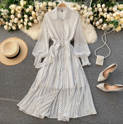 Puffärmeln Maxikleid mit Polka-Dots und Gürtel für Damen