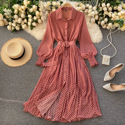 Puffärmeln Maxikleid mit Polka-Dots und Gürtel für Damen