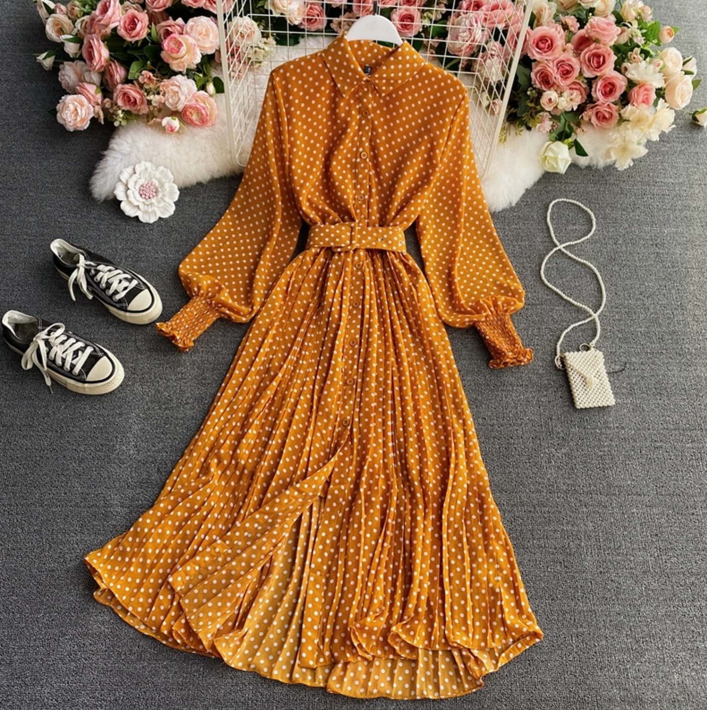 Puffärmeln Maxikleid mit Polka-Dots und Gürtel für Damen