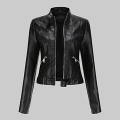 Lara | Damen Casual Gürtel Bikerlederjacke in Schwarz