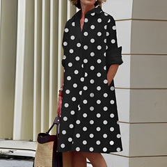 Masha - Fashion Langarm Kragen Midikleid in Schwarz polka