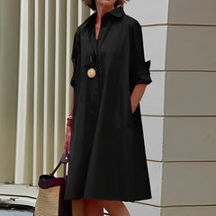 Masha - Fashion Langarm Kragen Midikleid in Schwarz