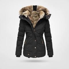 Winterjacke Damen Mit Kapuze | Wintermantel Gefüttert Mit Reißverschluss in Schwarz