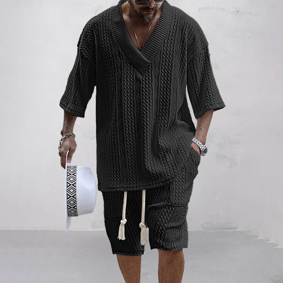 V-Ausschnitt Strick Shirt und Shorts Set für Herren