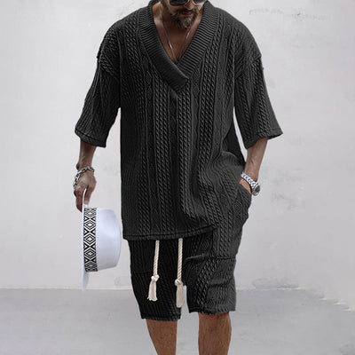 V-Ausschnitt Strick Shirt und Shorts Set für Herren