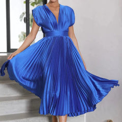 Liesel - Elegantes V-Ausschnitt Plissee Maxikleid in Blau