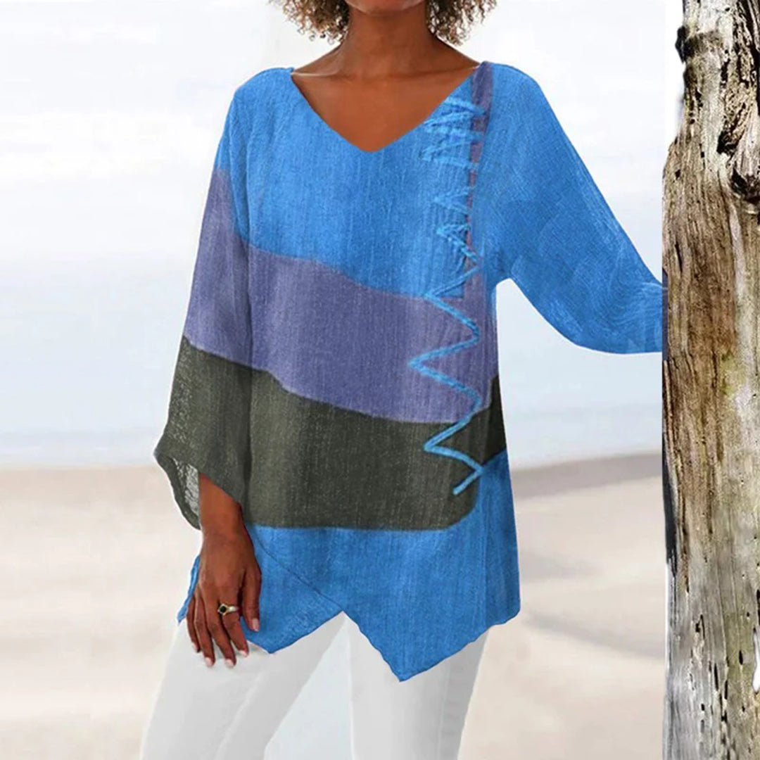 Colorblock V-Ausschnitt Leinenbluse für Damen