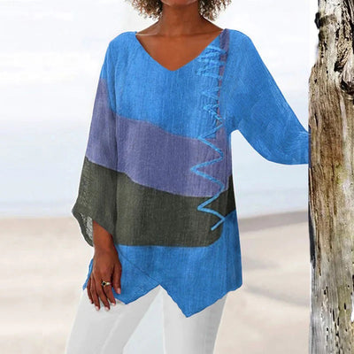 Colorblock V-Ausschnitt Leinenbluse für Damen
