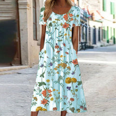 Isabella - Boho Floral Kleid wit Bauchabdeckung in Hellblau