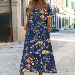 Isabella - Boho Floral Kleid wit Bauchabdeckung in Dunkelblau