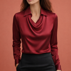 Satinbluse mit drapierendem Kragen für Damen | Elina in Bordeaux