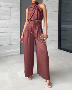 Neckholder-Top und Hosen-Set für Damen in Braun