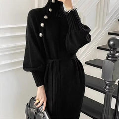 Tara | Damen Strickkleid gerippt elegant & figurbetont in Schwarz