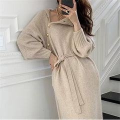 Tara | Damen Strickkleid gerippt elegant & figurbetont in Beige