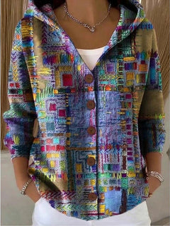 Bunte Damen Strickjacke mit Kapuze und Knopfleiste – Lockerer Hoodie Cardigan für Alltag und Freizeit in Lila