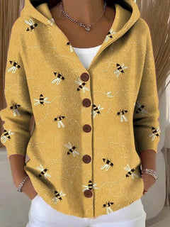 Bunte Damen Strickjacke mit Kapuze und Knopfleiste – Lockerer Hoodie Cardigan für Alltag und Freizeit in Gelb