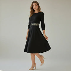 Franziska | Damen Tailliertes Ausgestelltes Midi-Kleid in Schwarz