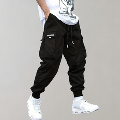 Herren Cargo Jogginghose – Lila Streetwear-Hose mit Reißverschlusstaschen & Bündchen in Schwarz