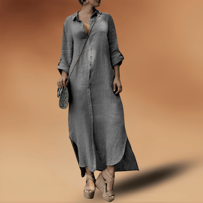 Geknöpftes Langes Leinenkleid mit Schlitz für Damen