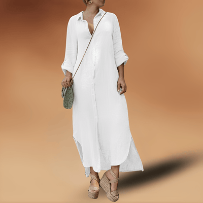 Geknöpftes Langes Leinenkleid mit Schlitz für Damen