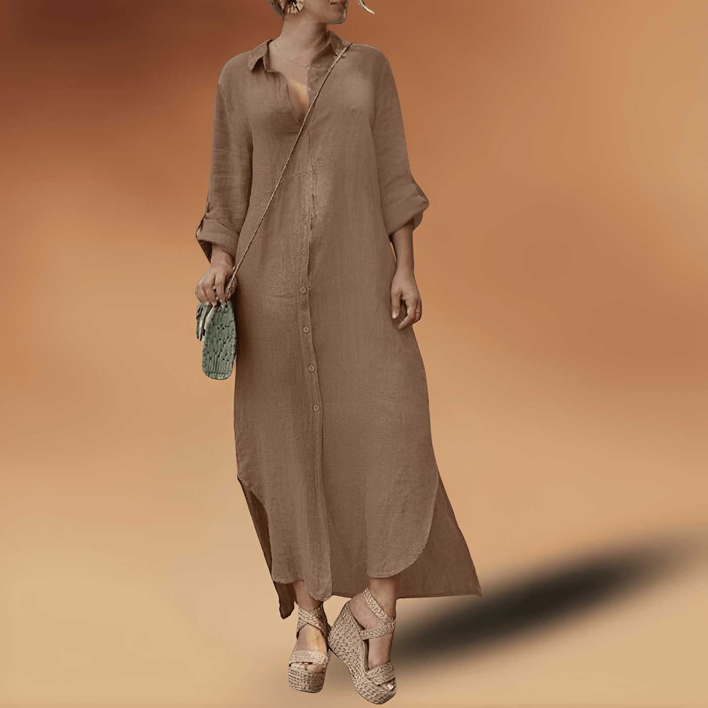 Geknöpftes Langes Leinenkleid mit Schlitz für Damen