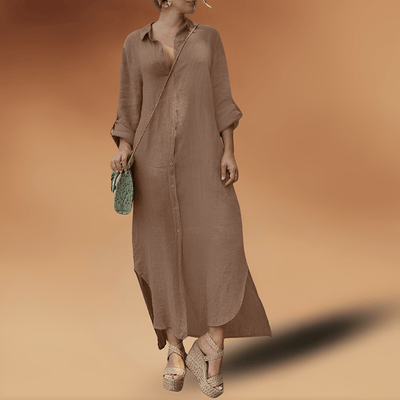 Geknöpftes Langes Leinenkleid mit Schlitz für Damen