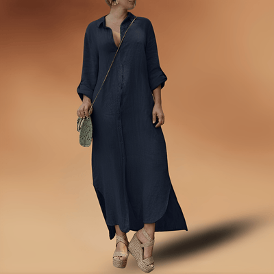 Geknöpftes Langes Leinenkleid mit Schlitz für Damen